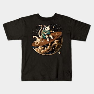 cat in space of Kanagawa  monster setting on coffee earth Kids T-Shirt